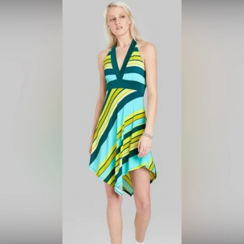 NWT Wild Fable Teal & Yellow Striped Halter A-Line Dress Handkerchief Hem XL - Picture 1 of 14